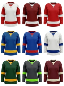 Maillot de hockey sur glace pour femmes, blanc et rouge, manches longues, col en V, en maille polyester anti-humidité, vêtement de sport - Product Image 5