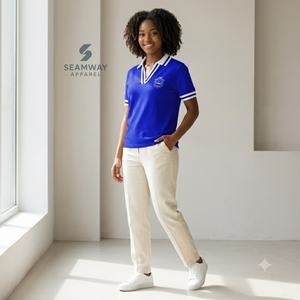 เสื้อโปโล Zeta Phi Beta Sorority สำหรับผู้หญิง สีน้ำเงินขาวลายทาง คอวี ผ้าปิเก้ถัก แขนสั้น ปักลายตราสัญลักษณ์ คอปก - Product Image 5