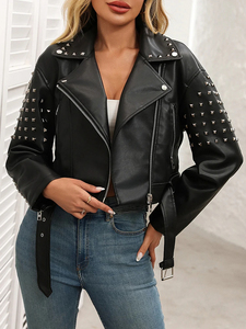 Nouvelle veste courte en similicuir noir pour femme, style streetwear, avec rivets et clous, ceinture et fermeture éclair, pour le printemps et l'automne - Product Image 1