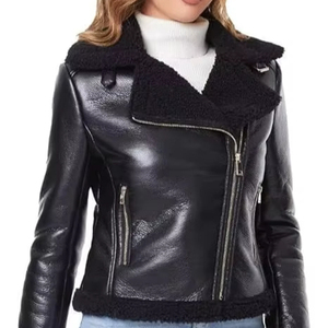 Women's Sheep Skin Knitted Breathable Waterproof Moto <b>Jacket</b> Full <b>Sleeve</b> Zipper Closure O-Neck Solid Color <b>Short</b> Length Winter - Product Image 1