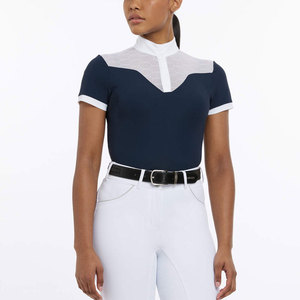 Camisa de equitación azul marino para mujer, manga corta, cuello alto, con bloques de color, transpirable, tejido de punto. - Product Image 5