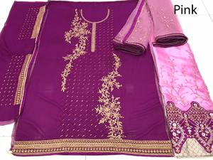 Ensemble de vêtements indiens et pakistanais en georgette lourde, richement brodés et ornés de pierres, comprenant un lehenga, un haut et un dupatta, entièrement cousu. - Product Image 2