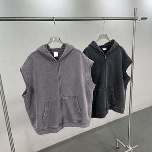 <b>Men's</b> Sleeveless Hooded <b>Vest</b> Solid <b>Black</b> Cotton Casual Knitted O-Neck Pocket Front Zippered Top - Product Image 5