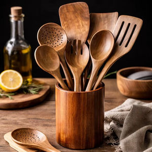 Ensemble d'ustensiles de cuisine en bois de teck, 9 pièces, avec support, outils de cuisine - Product Image 1