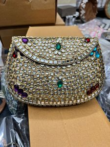 Handcrafted Metal & Pearl Kundan <b>Mirror</b> Work Mosaic Bags with Ornate Detailing for Festive Fashion Gifting and Evening Parties - Product Image 4