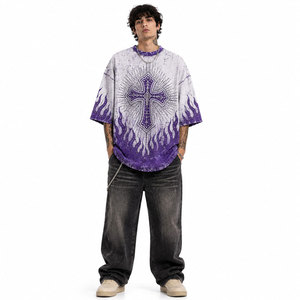 Men's Oversized Purple Cross <b>Flame</b> Print T-<b>Shirt</b> Short Sleeve O-Neck Gothic Style Woven Fabric Rhinestone T-<b>Shirts</b> - Product Image 5