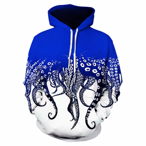 Wholesale <b>Men's</b> Custom Sublimated white royal blue octopus print hoodie Breathable Quick Dry Solid Winter Hoodies OEM Service - Product Image 1