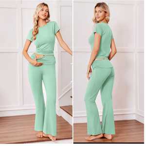 Women's 2 Piece Crop Top & High Waist <b>Flare</b> <b>Leggings</b> Set Short Sleeve Fitted Yoga Lounge Wear Solid Color Breathable - Product Image 5