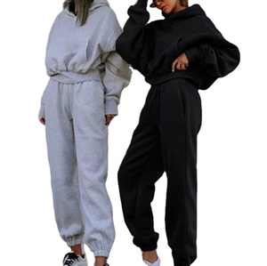 Ensemble 2 pièces décontracté pour femme : Sweat-shirt et pantalon de jogging à épaules tombantes en molleton bouclette 100% coton, couleur unie, coupe classique - Product Image 2