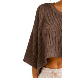 Pull court tricoté marron pour femme, coupe ample, manches courtes, léger et respirant, idéal pour l'été, style décontracté et tendance - Product Image 2