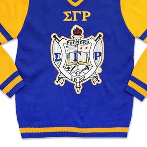 Cárdigan Azul de Punto para Mujer Sigma Gamma Rho, Cuello en V, Manga Larga con Ribete Amarillo, Escudo Bordado, Estilo Preppy - Product Image 2