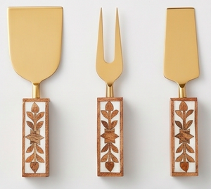 Elegante Juego de Cuchillos para Queso Dorados con Mangos Florales de Madera, Aptos para Lavavajillas, Cubiertos para Fiestas y Eventos - Product Image 1
