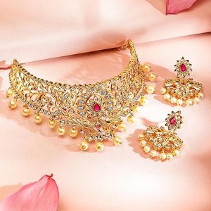 Ensemble collier, boucles d'oreilles et parure de tête plaqué or avec perles d'imitation, motif floral, bijoux de mariage classiques pour femmes - Product Image 2