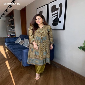 Best Quality Crepe with Ajrakh Print & Real <b>Mirror</b> work Long & A-Line Shirt-Collar Kurti-<b>Plain</b> Plazzo Pair Indian Supplier - Product Image 1