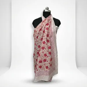 <b>Red</b> and White Hand Block Printed Cotton Fabric with Floral Vine Border for <b>Saree</b> Dressmaking Crafts and Home Decor Projects - Product Image 3