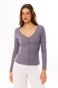 เสื้อถักคอวีแขนยาวสำหรับผู้หญิงเสื้อลำลองมีกระดุมด้านหน้าสีพื้น - Product Image 4