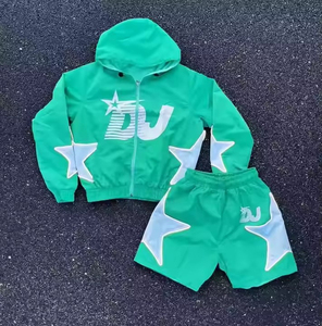 Custom Two Piece Windbreaker Short <b>Jacket</b> Set Patchwork Zip up Nylon Polyester Streetwear Tracksuit <b>Men</b> Windbreaker Short Set - Product Image 2