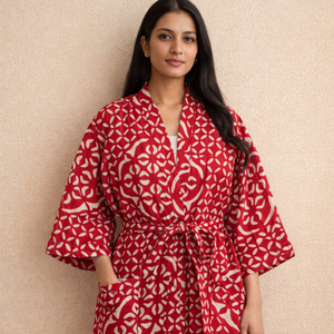 Robe de Nuit Courte de Luxe en Coton Tissé à la Main Rouge à Motifs Floraux, Col en V, Manches Longues, pour Femme - Vente en Gros - Product Image 5