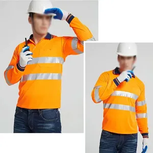 Polo à manches longues haute visibilité pour homme, orange avec bandes réfléchissantes, vêtements de travail - Product Image 4