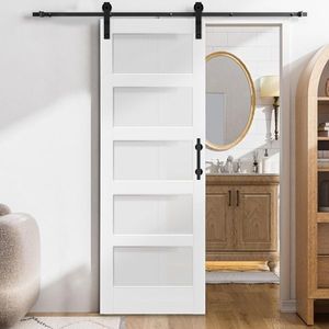 30 In. X 84 In. Unfinished 5FT Barn Door Hardware Kit 5 Panel Tempered Glass Simple Installation-30 In. X 84 In. Sliding Door - Product Image 1