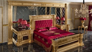 Juego de dormitorio de lujo estilo Mid-Century con capitoné en negro y oro, de madera maciza de teca, tamaño California King, que incluye cama, cómoda, mesitas de noche y tocador. - Product Image 4