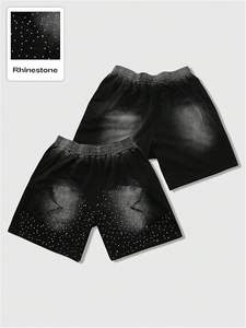 Pantalones Cortos Deportivos de Alta Calidad para Hombre, Transpirables, de Felpa Francesa, para Gimnasio, 100% Algodón, Decoración de Cristales de Imitación, Color Sólido - Product Image 1