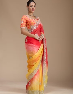 Sari de crepé Gotapatti multicolor KV con blusa sin coser - Product Image 4