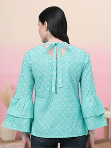 Ensemble long 2 pièces pour femme, imprimé géométrique, haut formel bleu ciel en coton, confortable, respirant, pour un usage quotidien estival, élégant - Product Image 2