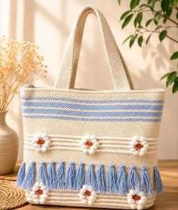 Bohemian Striped Cotton Tote <b>Bag</b> With Blue Tassels Women's Shoulder <b>Bag</b> Casual <b>Beach</b> Handbag <b>Lightweight</b> Open Top Design ready - Product Image 3