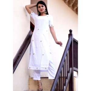 Vestido Kurta Recto de Algodón/Fibra de Bambú Transpirable para Mujer, Talla XS, Color Blanco - Product Image 4