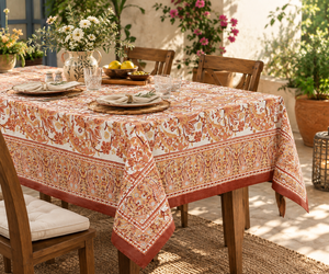 Ridhi Handmade Block Printed Saffron <b>Red</b> Orange Mediterranean Modern Floral 100% Cotton Customized Size Washable Eco-Friendly - Product Image 1
