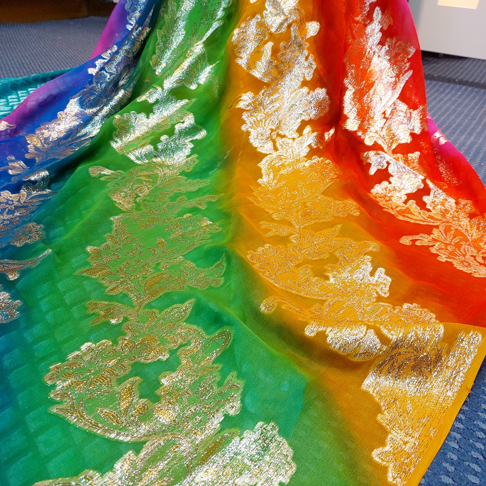 100% silk fabric chiffon metallic jacquard quality gold silver metallic chiffon