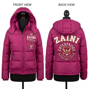 Women Puffer <b>Jacket</b> 300 GSM Premium Polyester Taslon Quilted Panel Magenta Hooded Custom Embroidery Chenille Patch Print OEM - Product Image 1