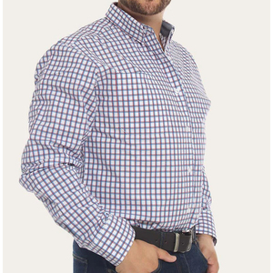 Chemise habillée à carreaux personnalisée pour homme, manches longues, formelle, boutonnée, en coton, motif quadrillé rouge et bleu, pour le printemps - Product Image 2