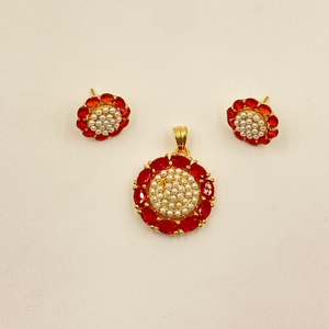 Best Selling Statement Red Oval Stone Pendant Set Pearl Accents 22K Gold Plated Brass Necklace & <b>Earrings</b> Set - Product Image 2