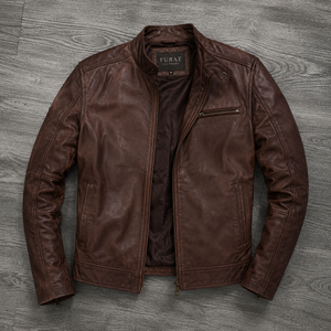 Chaqueta de Cuero Marrón para Hombre, Estilo Motero, Cuero Genuino Negro, Impermeable, Vintage, Cuello Alto, Cierre de Cremallera - Product Image 1