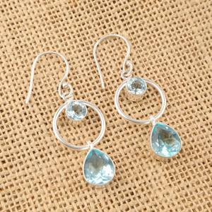 Pendientes de Gancho con Topacio Azul Cielo, Plata de Ley, Gema en Forma de Pera y Redonda, Chapados en Rodio, Joyería Hecha a Mano, Regalo para Mujer, Fiesta - Product Image 1