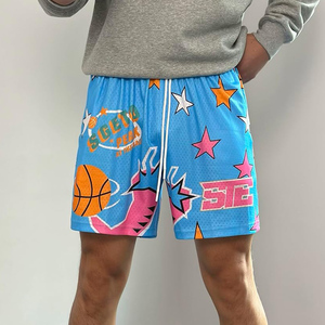Pantalones cortos de baloncesto azules con estampado de estrellas y pelota, cierre con cordón, tela de malla, ropa deportiva unisex de verano - Product Image 4
