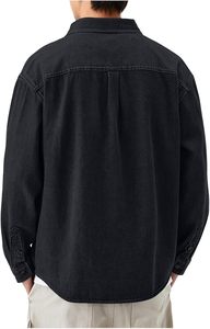Chemises décontractées pour hommes à manches longues, chemisiers en jean tendance à col, hauts en jean vintage délavés avec poche - Product Image 2