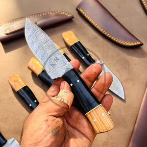 Cuchillo de caza y camping de acero de Damasco personalizado con mango de madera Pakka, OEM, venta al por mayor, para el mercado estadounidense, de espiga completa, de lujo, para exteriores, para el mercado europeo. - Product Image 4