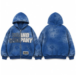 เสื้อฮู้ดซิปผู้ชายสีน้ำเงินทรงโอเวอร์ไซส์ แบรนด์ Company ดีไซน์สตรีทแวร์ พิมพ์ลายโลโก้ด้านหน้า มีกระเป๋า ผ้าเฟรนช์เทอร์รี่ - Product Image 1