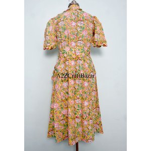 Robe midi florale en coton 100% écologique pour femme, style kangourou, col en V, manches courtes, décoration boutonnée, lavable - Product Image 6