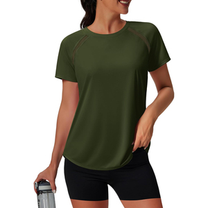 Camiseta de Manga Corta para Mujer, Color Verde Oliva Sólido, Cuello Redondo, Corte Regular, Secado Rápido, Transpirable, Ecológica, Tejida, con Botones, 100% - Product Image 2