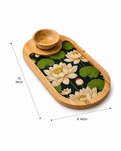 ถาดเสิร์ฟไม้ลายดอกบัวสีขาวพร้อมชาม ถาดไม้พร้อมชามทองเหลือง ผิวขัดเงา ขนาดปรับแต่งได้สำหรับเทศกาล - Product Image 2