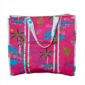 กระเป๋าผ้าฝ้ายเย็บมือลายดอกไม้พิมพ์ลายบล็อกอินเดีย หูหิ้วยาว สำหรับผู้หญิง เหมาะสำหรับการช้อปปิ้งและพกพา - Product Image 6