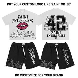 เสื้อยืดและกางเกงขาสั้นพรีเมียม 220 GSM ผ้าโพลีเอสเตอร์ 100% ระบายอากาศได้ดี แบบถัก ODM สีขาวดำ ปักโลโก้ด้วยมือแบบนูนตามสั่ง - Product Image 1