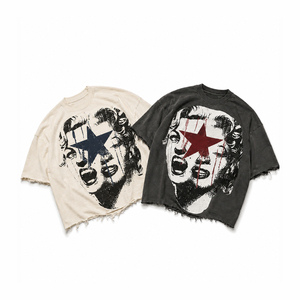 T-shirt graphique vintage délavé et oversize pour hommes et femmes, style streetwear, coupe courte, imprimé visage d'étoile, coton, style Harajuku Punk - Product Image 1