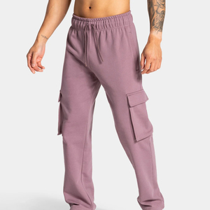 <b>Men's</b> Purple Cargo Sweatpants <b>Elastic</b> Waist Drawstring Multiple Pockets Casual Fleece Midweight Autumn Wear - Product Image 1