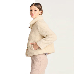 Women's Cream <b>Fleece</b> <b>Jacket</b> With Shawl Collar And Covered Buttons <b>Warm</b> Winter Outerwear Short Length Full Sleeve - Product Image 4