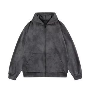 Acid Wash Zipper-Up <b>Hoodie</b> Cotton Fleece Drop Shoulder No <b>Strings</b> Breathable Winter Regular Fit Men's - Product Image 6